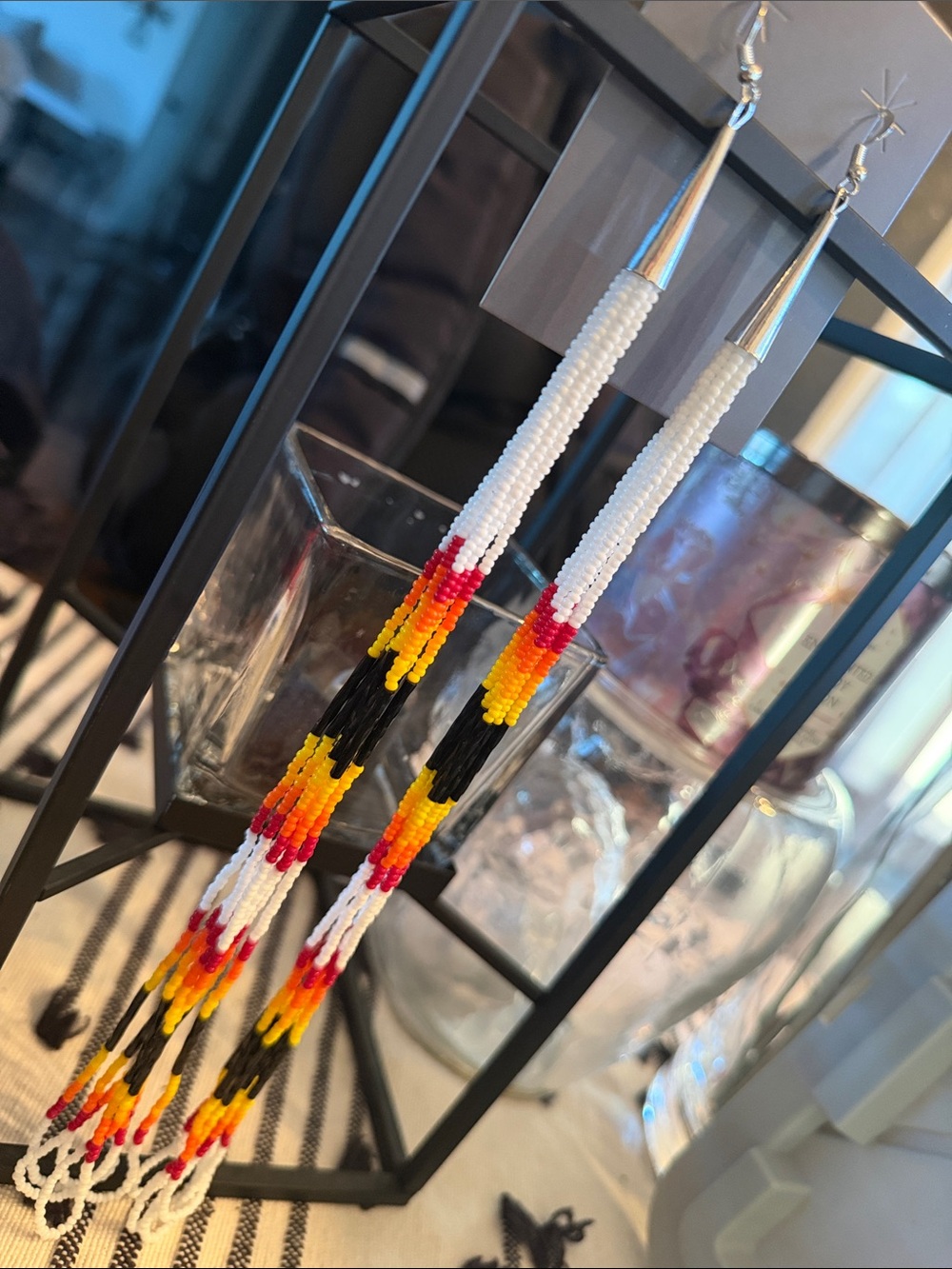 Handmade Multicolor Beaded Fringe Earrings - White, Red, Yellow, Black